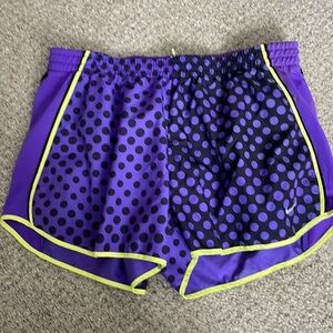 Nike Women's Purple Athletic Shorts with Black Polka Dots and Yellow Trim